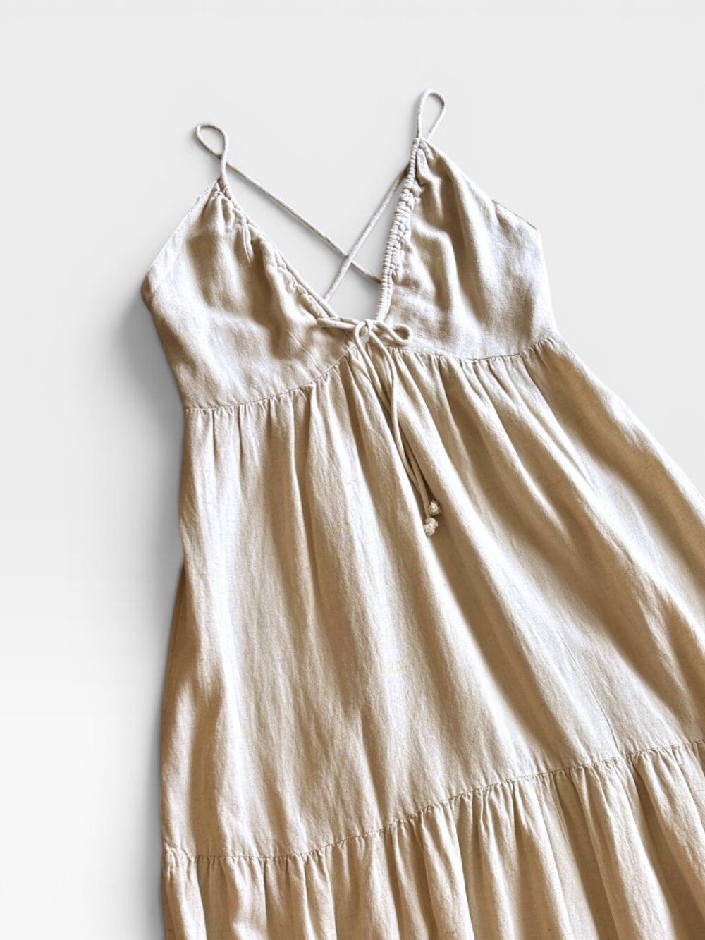 Sim & Sam Beige Linen Blend Boho Maxi Dress Crisscross Back Size Medium - Picture 13 of 13